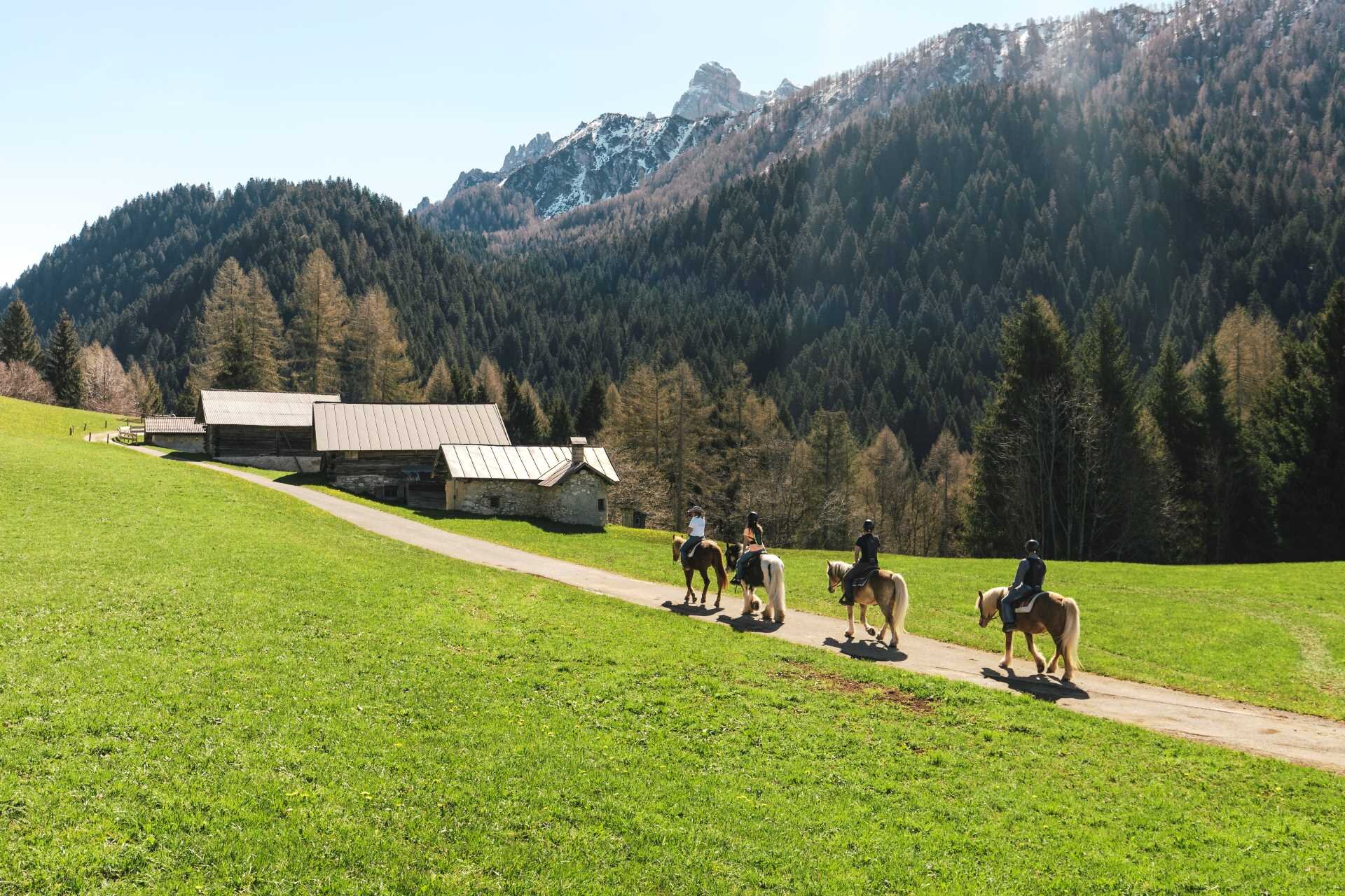 Tre ragazzi fanno equitazione tra le dolomiti